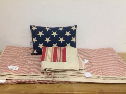 4 Pc  Queen Pottery Barn Red Striped With Flag/Star Pillow /2 Shams