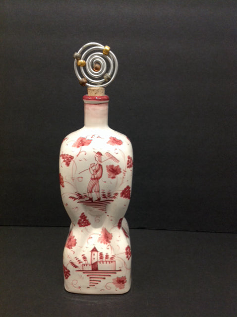12" White/Red Ceramic Wine Decanter w/Abstract Stopper
