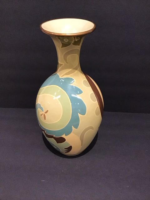 12" Green Ceramic Vase w/Blue & Brown Design