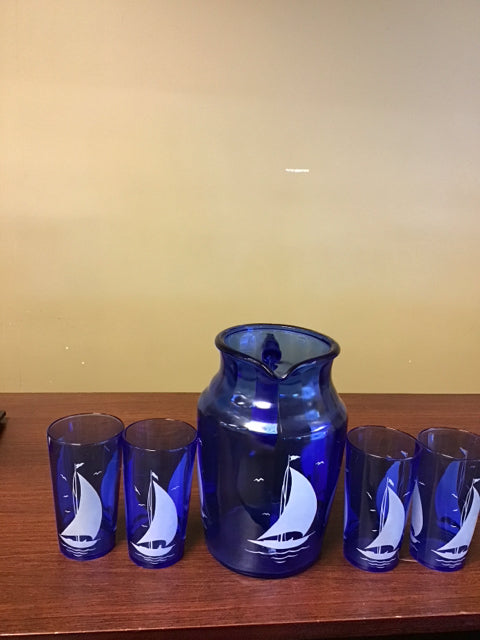 Set Of 5 Vintage Hazel Atlas Cobalt Blue Sailboat Pitcher & 4 Glasses