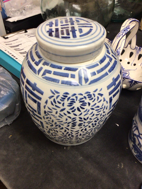 9 1/2" Blue & White Ceramic Vase W/Lid