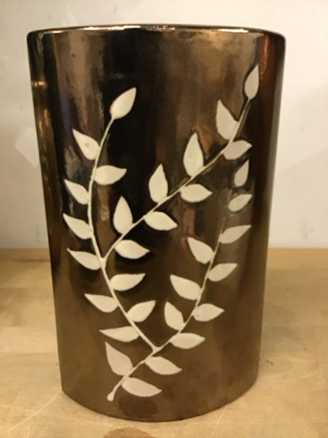 10" Bronze Ceramic Flat Oval W/Ivory Leaf Detail Vase