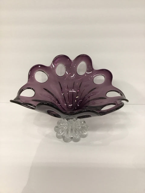 12" Art Deco Abstract Purple Glass Bowl on Pedestal
