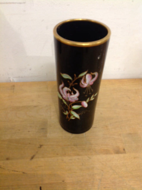 Vase- 8" Ceramic Black Floral