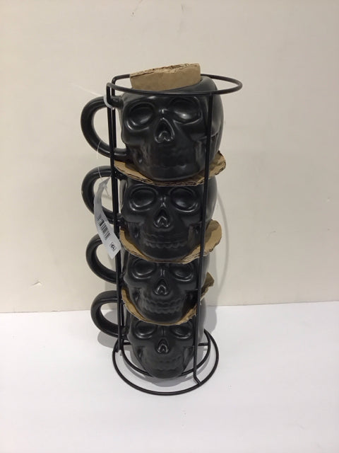 4 Stack Black Ceramic Skull Mugs w/Stand