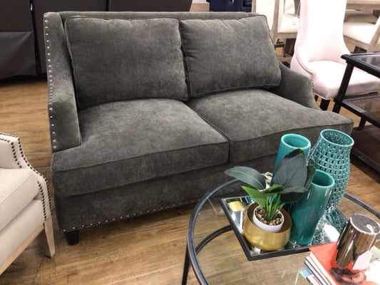 Bernhardt Furniture Grey Fabric Love Seat W/Silver Nailheads