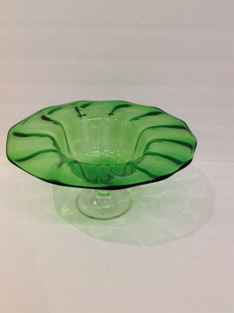 14" Rd Green Glass Bowl w/Pedestal
