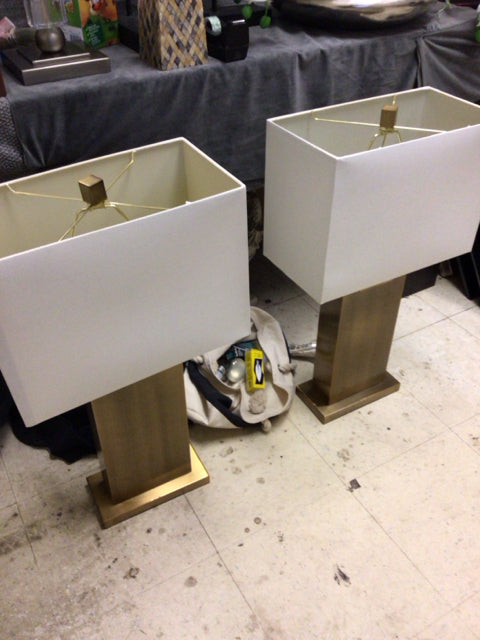 Pair Of Brass Box Table Lamps W/Shades
