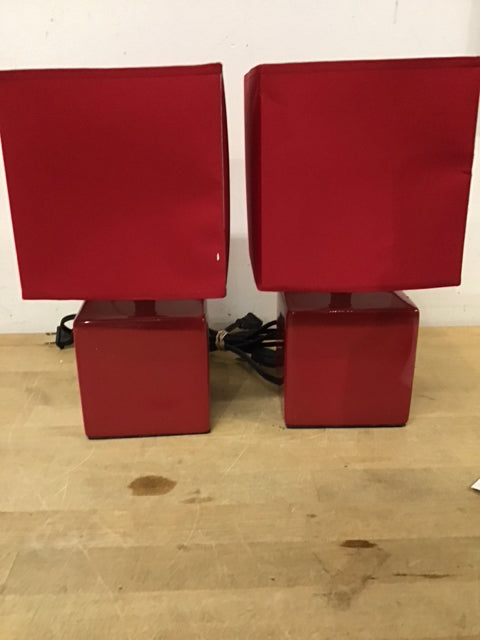 Pair Of 12" Red Square Table Lamps
