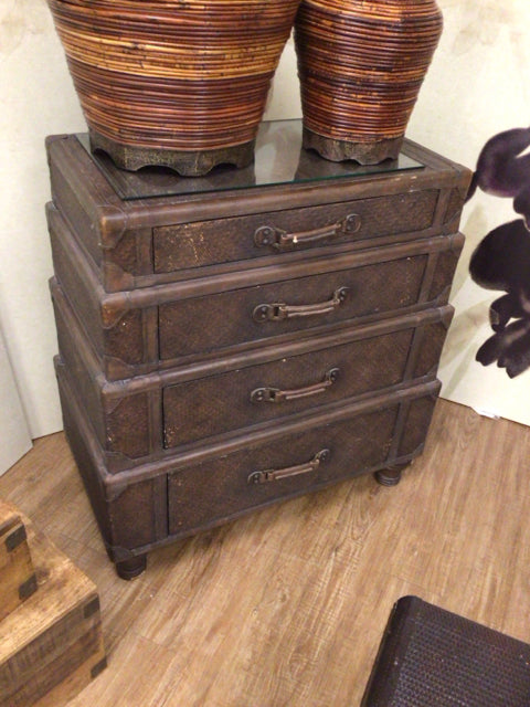 AS-IS Glass Top Stacked Trunk Style Chest Of Drawers(Crack In Leg)