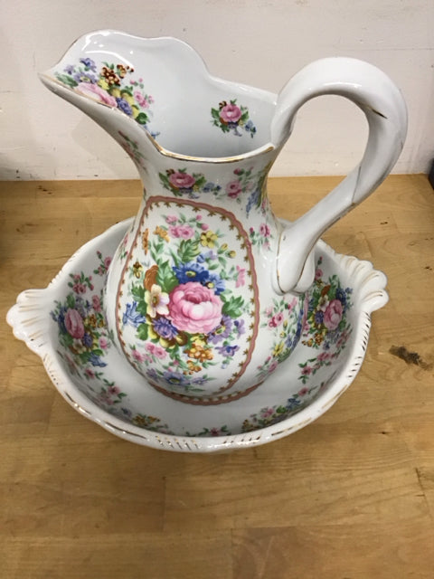 2 PC Vintage Floral Wash Bowl & Pitcher