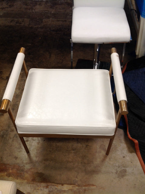 White Vinyl Upholstered & Brass Bench