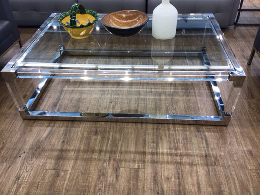 AS-IS Michael Amini State St Chrome & Acrylic Glass Top Coffee Table