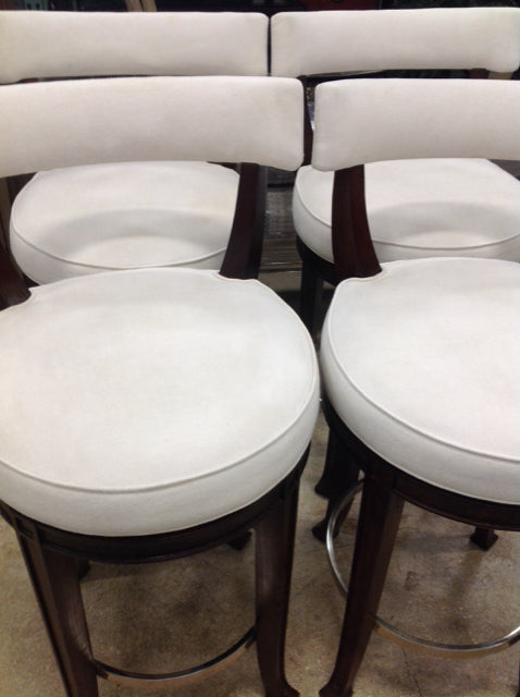 Set Of 4 White Fabric Wood Bar Stools