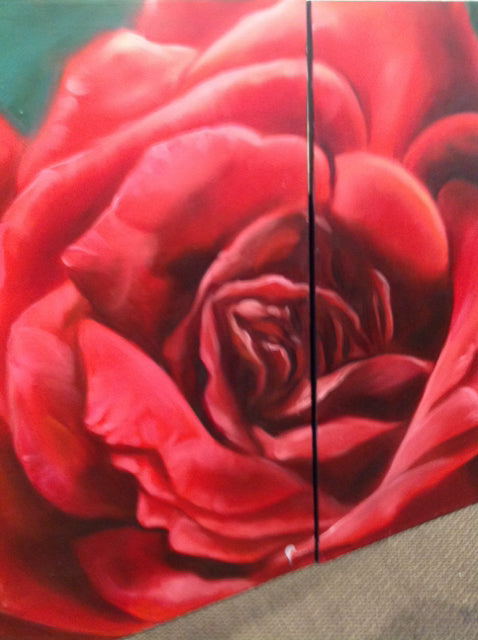 40" X 75" Signed 2 Pc Red Rose Canvas