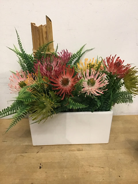 11" x 4.5" White Ceramc Planter Faux Mums/Ferns & Bamboo Arrangement