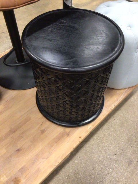 Black Carved Wood Round End Table
