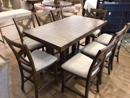 AS-IS Ashley Furniture Wood High Top Dining Table W/8 Chairs/1 Leaf (Soiled)