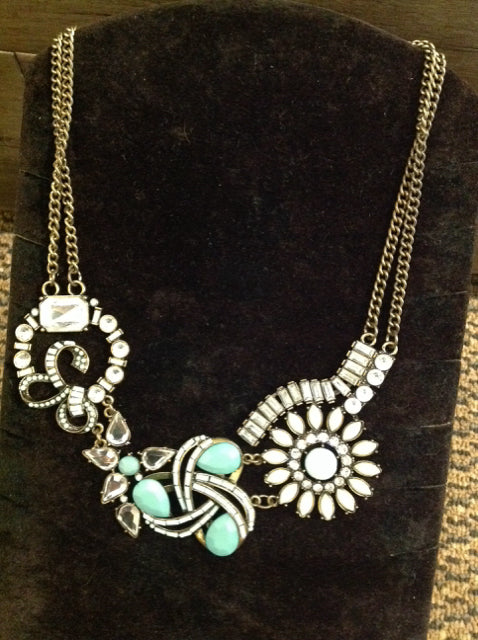 Blue Bead W/Rhinestones Gold Necklace