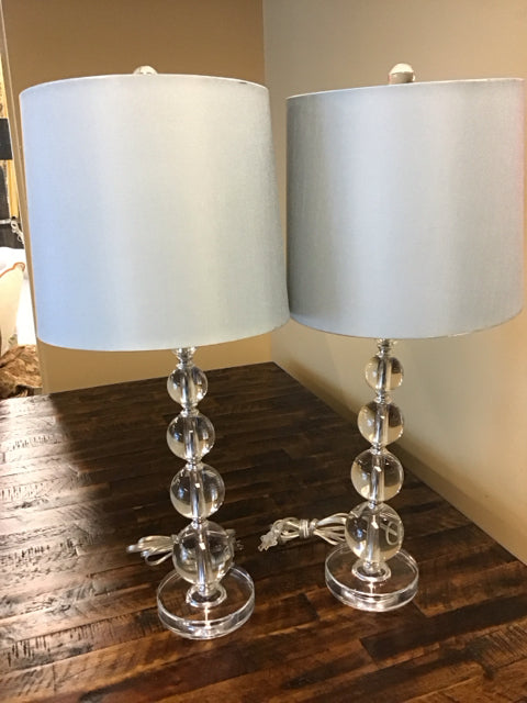 Pair Of 24" Glass Stacked Table Lamp W/Light Blue Shades