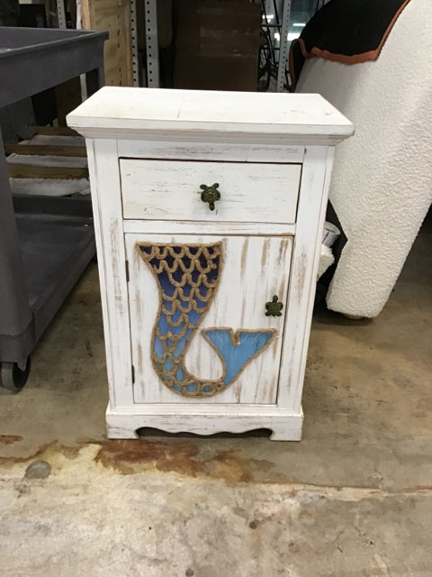 Distressed White Nightstand w/Mermaid Decor
