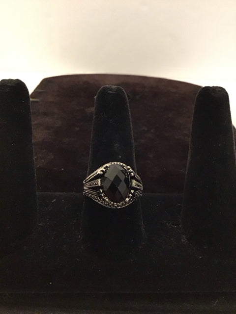 Men's Silver Ring w/Black Oval Faceted Stone