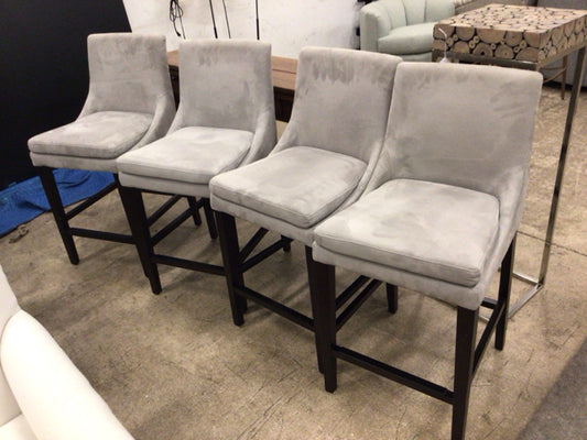 Set Of 4 Grey Fabric & Wood Bar Stools