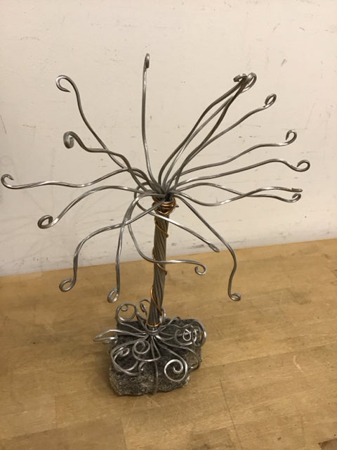 15" Metal Wire Wrapped Tree Sculpture W/Stone Base