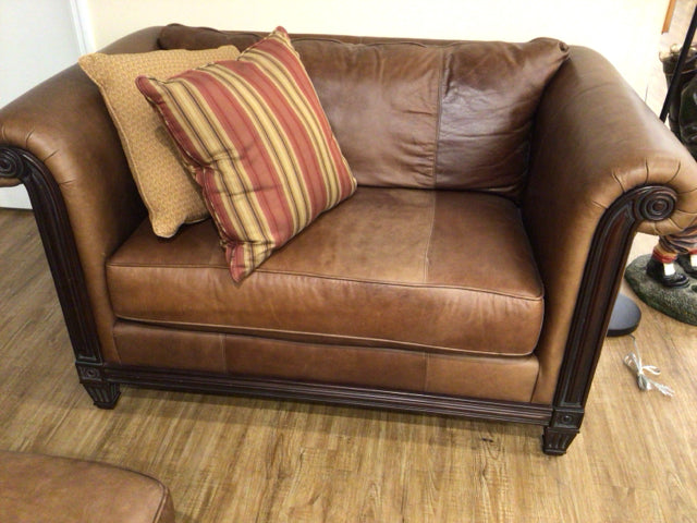 Bernhardt Leather Wood Trim Rolled Arm Love Seat