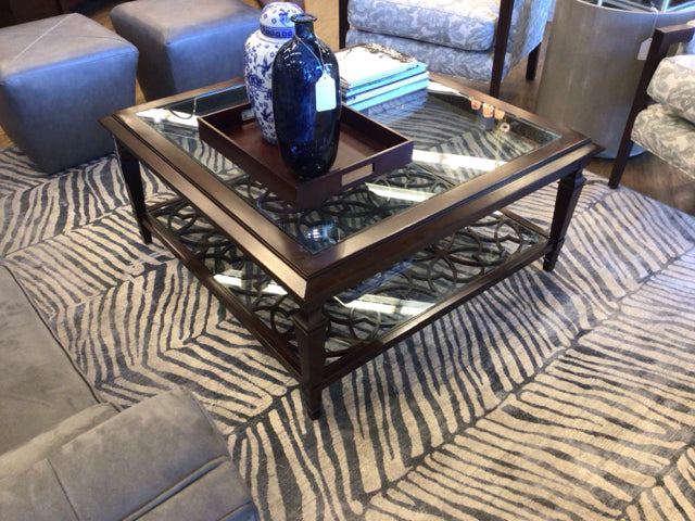 Square Double Glass Wood Reticulated Bottom Coffee Table