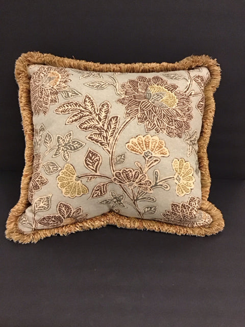 Grey Pillow w/Floral Design & Fringe