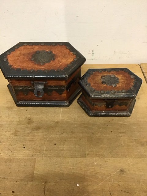 Set Of 2 Wooden Nailhead Hexagon Boxes