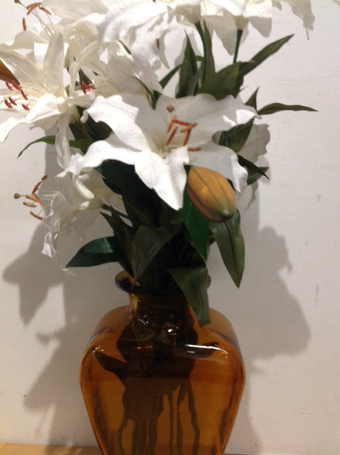 16" Amber Glass Vase W Lillies