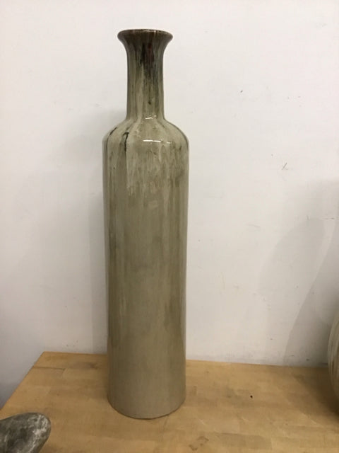 35" Beige Brown Green Glazed Streaky Vase