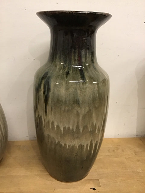25" Beige Brown Green Fluted Tapered Shape Glazed Streaky Vase