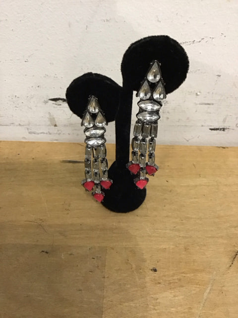 Silvertone Drop W/Clear Hot Pink Crystals Earrings