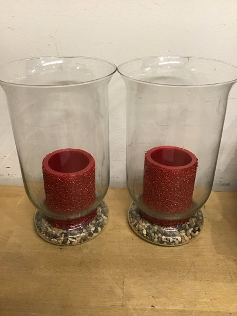 10" Pair Of Red Faux Candles/Glass Holder