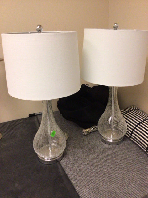 Pair Of Safavieh Crackle Clear Glass Table Lamps W/Shades