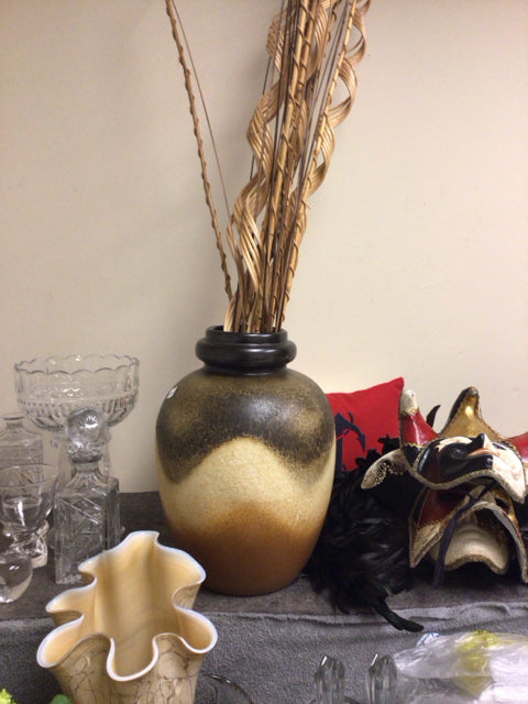 17" Brown Ceramic Vase W/Sticks