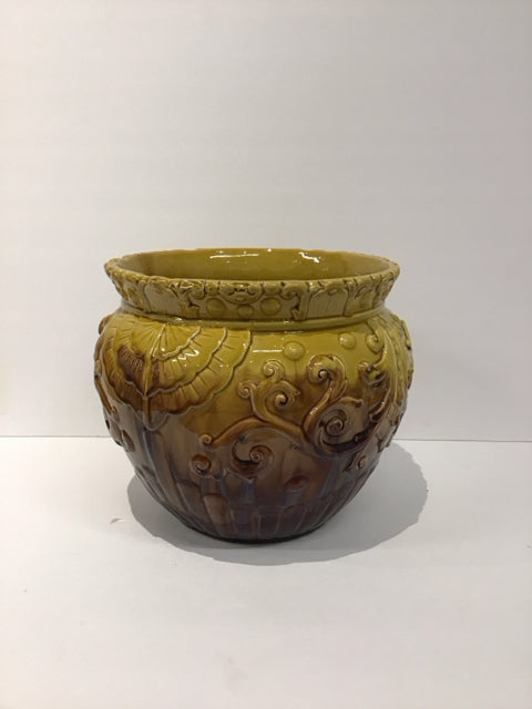 9"Rd Crackled Ceramic Yellow/Brown Planter
