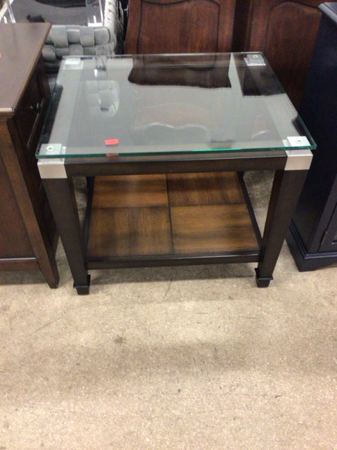 24" X 28" Glass Top Burl Wood End Table