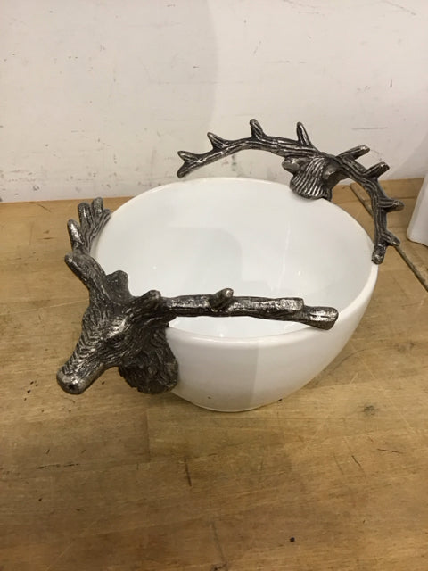 4.5" White Ceramic Bowl W/Metal Elk Head