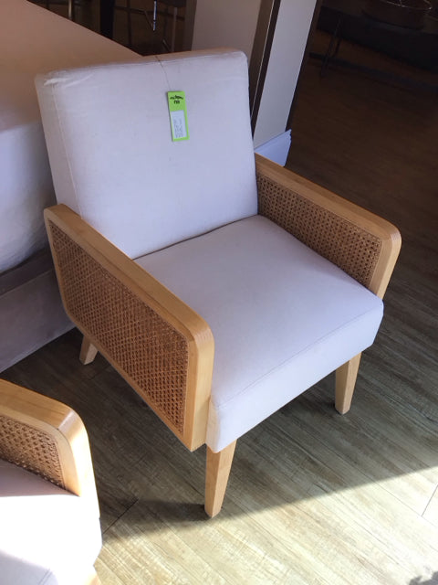 Light Wood Cane/Cream Upholstered Arm Chair