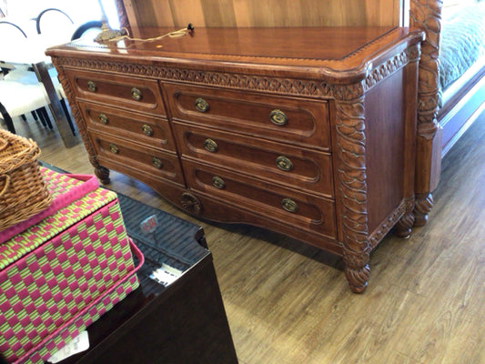 Six Drawer Wood Long Carved Dresser