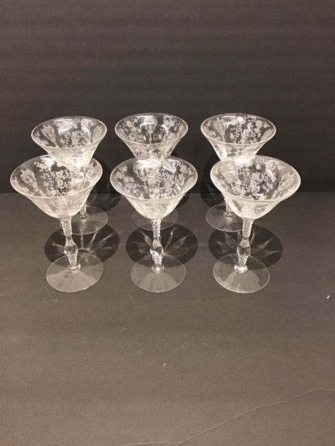 6 Vtg Cambridge Etched "Rose Point" Champagne Glass
