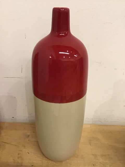15" Red & Beige Glazed Ceramic Vase