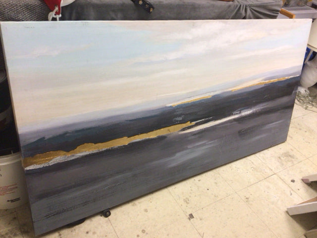 28 1/8" X 58 1/8" Blue/Gold/Beige Abstract Print On Canvas