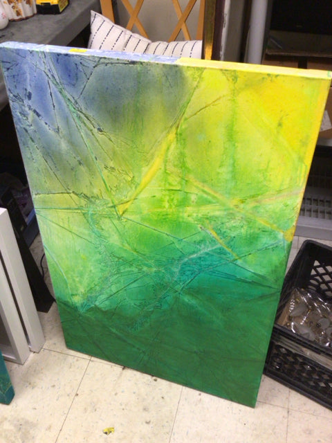 24" X 36" Green/Yellow Abstract Oil Painting On Canvas