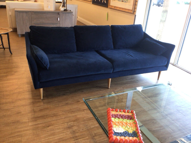 West Elm Three Seater Blue Fabric Sofa W/2 Pillows