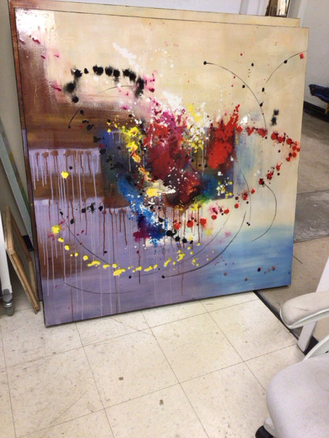 50" Square Cream/Purple/Red Abstract Print On Canvas